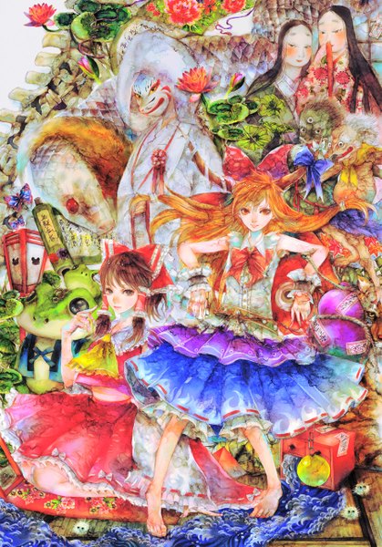 Anime picture 900x1288 with touhou hakurei reimu ibuki suika yogisya long hair tall image blush short hair black hair smile red eyes brown hair multiple girls brown eyes traditional clothes barefoot horn (horns) orange hair miko girl