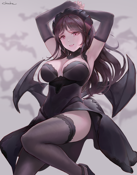 Anime picture 800x1024 with original chowbie single long hair tall image blush fringe breasts open mouth light erotic black hair large breasts signed cleavage bent knee (knees) pink eyes blurry arms up looking down bat wings