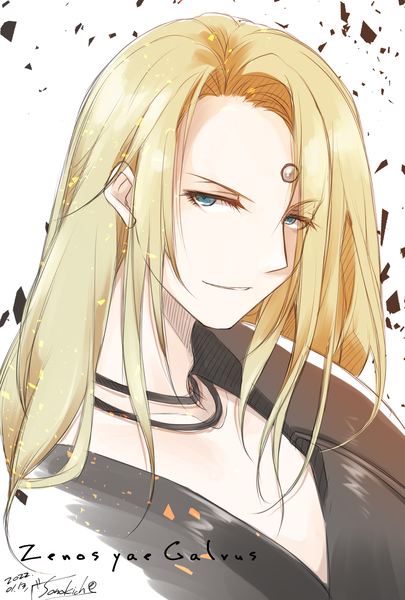 Anime picture 1378x2039 with final fantasy final fantasy xiv square enix zenos yae galvus sono kichi single long hair tall image looking at viewer blue eyes blonde hair smile signed upper body character names dated forehead mark boy