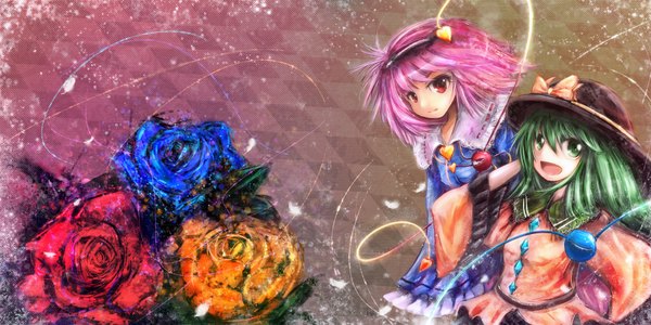 Anime picture 1800x900 with touhou komeiji koishi komeiji satori highres smile red eyes wide image green eyes pink hair green hair girl hat hairband rose (roses)