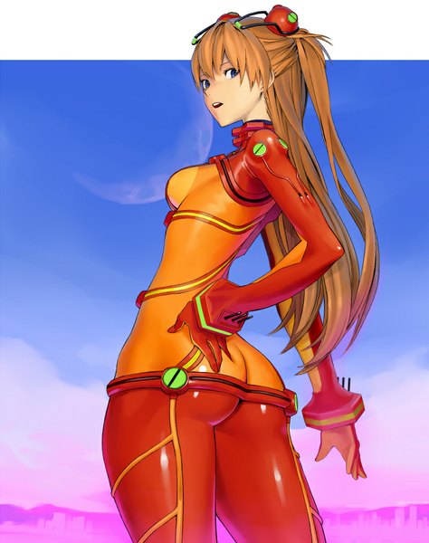 Anime picture 800x1013 with neon genesis evangelion rebuild of evangelion gainax soryu asuka langley shikinami asuka langley hijiki single long hair tall image looking at viewer breasts open mouth blue eyes light erotic brown hair sky cloud (clouds) ass looking back hand on hip