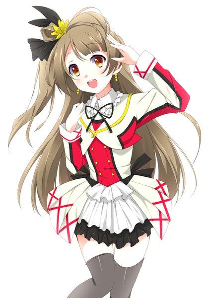 Anime picture 600x847 with love live! school idol project sunrise (studio) love live! minami kotori kurono yuzuko single long hair tall image blush fringe open mouth simple background brown hair white background brown eyes looking away one side up girl thighhighs hair ornament