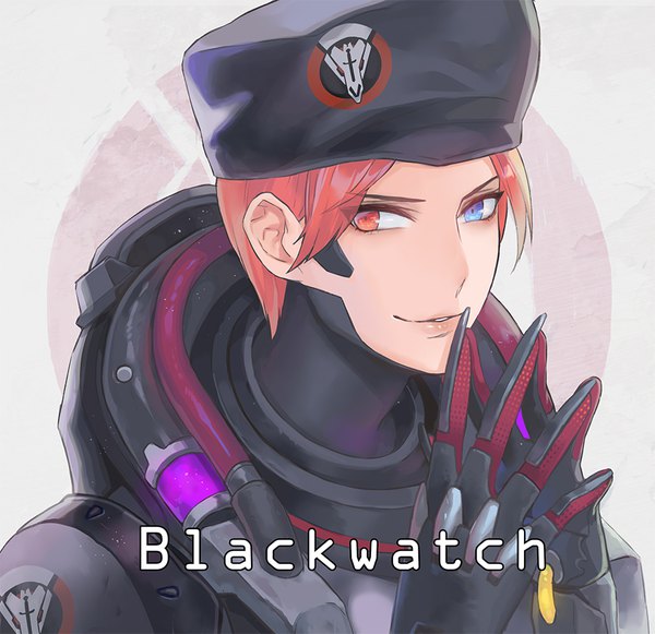 Anime picture 900x872 with overwatch blizzard entertainment moira (overwatch) blackwatch moira lino chang single looking at viewer short hair upper body red hair light smile inscription heterochromia portrait fingers together girl hat