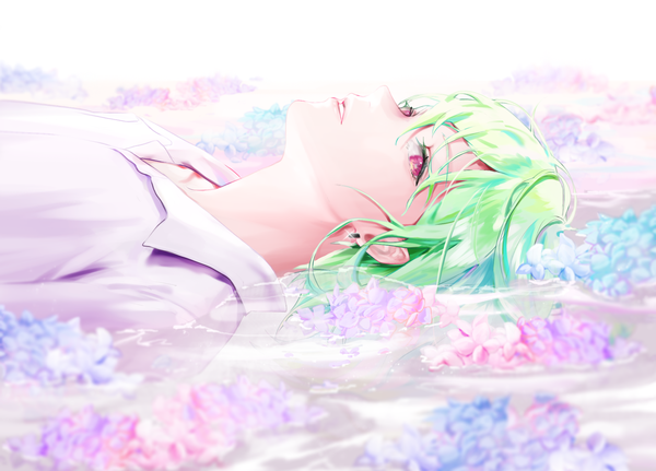 Anime picture 1919x1377 with promare studio trigger lio fotia nyamnyam0502 single highres short hair upper body lying pink eyes green hair on back partially submerged afloat boy flower (flowers) hydrangea
