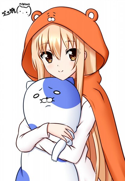 Anime picture 761x1100 with himouto! umaru-chan doga kobo doma umaru nagi-the-cheese (ppshex) single long hair tall image looking at viewer blush blonde hair simple background smile white background brown eyes hug girl hood