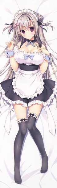 Anime picture 2283x7395 with original ijiri-san (ryouka) ryohka single long hair tall image looking at viewer blush highres breasts light erotic smile large breasts purple eyes silver hair full body scan maid hair bun (hair buns) dakimakura (medium)