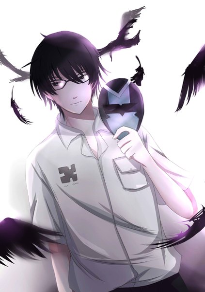 Anime picture 1748x2480 with zankyou no terror mappa nine kurohana single tall image looking at viewer fringe highres short hair black hair simple background hair between eyes white background black eyes short sleeves open collar boy animal shirt