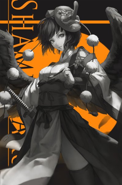 Anime picture 1200x1806 with touhou shameimaru aya liuli (llc) single tall image looking at viewer short hair black hair traditional clothes japanese clothes grey eyes character names mask on head kourindou tengu costume girl thighhighs dress weapon black thighhighs sword