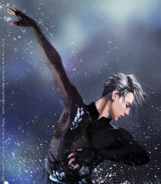 Anime picture 850x966 with yuri!!! on ice mappa viktor nikiforov brilcrist single tall image short hair simple background profile arm up grey hair realistic looking down dancing boy gloves fingerless gloves