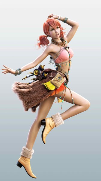 Anime picture 4320x7680 with final fantasy xiii oerba dia vanille single tall image looking at viewer highres open mouth smile twintails bare shoulders green eyes absurdres orange hair gradient background short twintails jumping 3d girl earrings shoes