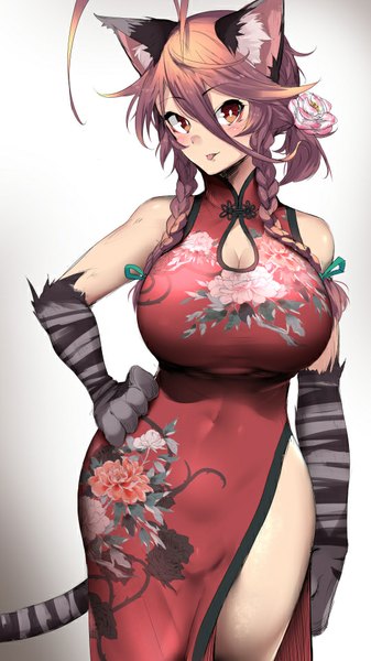 Anime picture 540x960 with original yagatake arashi yana (nekoarashi) single long hair tall image blush breasts light erotic brown hair large breasts standing bare shoulders brown eyes animal ears ahoge tail braid (braids) traditional clothes japanese clothes