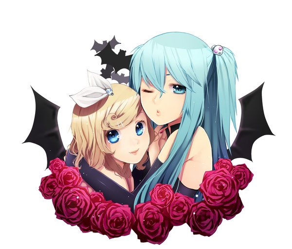 Anime picture 1170x1000 with vocaloid hatsune miku kagamine rin taneko (puua) long hair short hair blue eyes blonde hair smile multiple girls one eye closed wink aqua hair bat wings girl hair ornament flower (flowers) 2 girls rose (roses) bobby pin