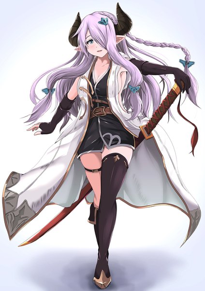 Anime picture 1013x1433 with granblue fantasy narmaya (granblue fantasy) kanzaki kureha single long hair tall image looking at viewer blush fringe breasts open mouth blue eyes simple background large breasts standing purple hair braid (braids) horn (horns) light smile pointy ears