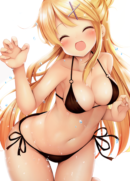 Anime picture 1000x1399 with kin-iro mosaic kujou karen minato (ojitan gozaru) single long hair tall image blush fringe breasts open mouth light erotic simple background blonde hair smile large breasts white background bare shoulders payot cleavage eyes closed