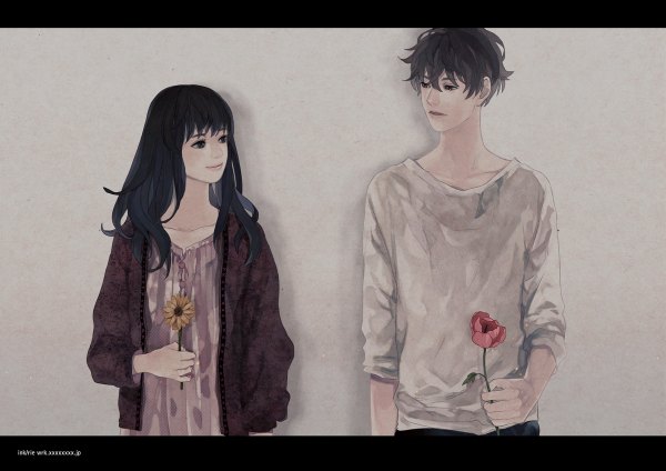 Anime picture 1200x848 with sumishuu long hair short hair black hair simple background smile black eyes grey background couple girl boy flower (flowers)