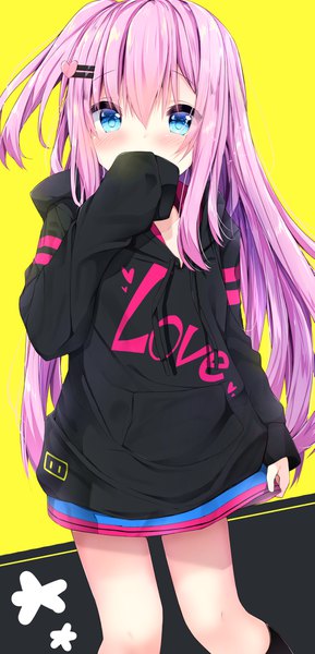 Anime picture 971x2014 with original kouda suzu single long hair tall image looking at viewer blush fringe blue eyes simple background hair between eyes standing holding payot pink hair embarrassed one side up covered mouth yellow background clothes writing