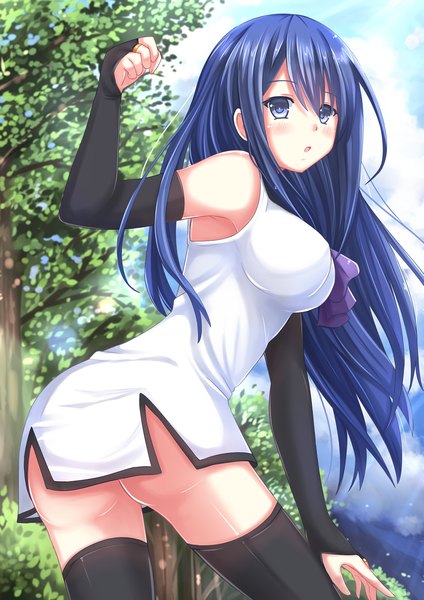 Anime picture 1343x1900 with gokukoku no brynhildr arms corporation kuroha neko kazenokaze long hair tall image blush breasts open mouth blue eyes light erotic large breasts bare shoulders blue hair ass girl thighhighs black thighhighs plant (plants) detached sleeves