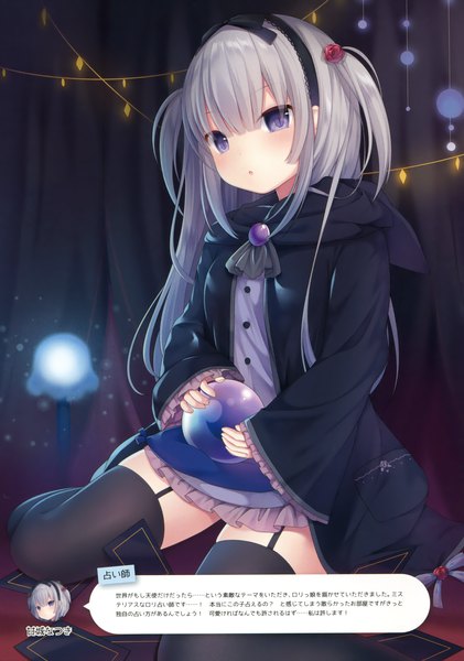 Anime picture 2375x3386 with original nachi single long hair tall image looking at viewer highres purple eyes silver hair hair flower blurry scan wide sleeves :o two side up text glow girl thighhighs dress