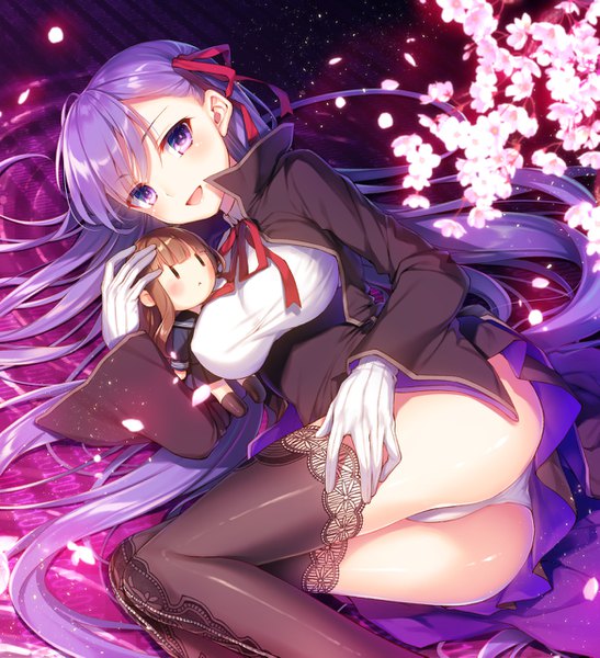 Anime picture 1167x1279 with fate (series) fate/extra fate/extra ccc bb (fate) (all) bb (fate/extra) kishinami hakuno (female) toosaka asagi single tall image looking at viewer blush fringe open mouth light erotic purple eyes purple hair ass very long hair pantyshot cherry blossoms