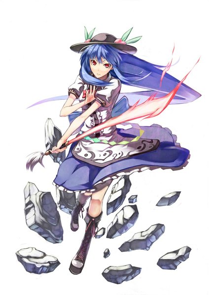 Anime picture 747x1052 with touhou hinanawi tenshi scottie (phantom2) single long hair tall image looking at viewer simple background red eyes white background blue hair fighting stance girl weapon hat sword knee boots hisou no tsurugi