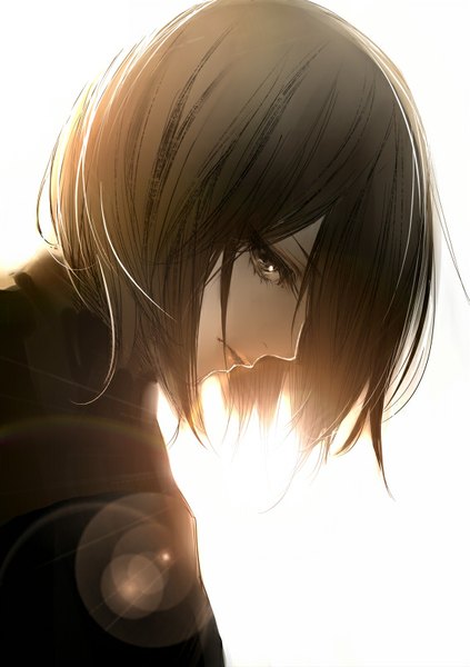 Anime picture 565x800 with shingeki no kyojin production i.g mikasa ackerman kiyohara hiro single tall image looking at viewer fringe short hair brown hair white background brown eyes profile looking back sunlight hair over one eye lens flare portrait girl cloak