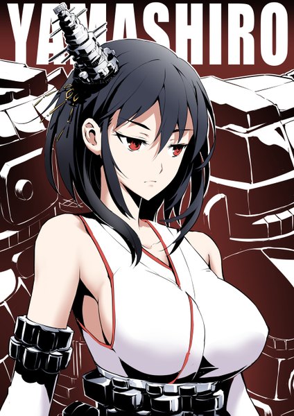Anime picture 992x1403 with kantai collection yamashiro battleship shikabane usagi (xion) single long hair tall image fringe breasts black hair red eyes large breasts traditional clothes japanese clothes character names girl hair ornament detached sleeves