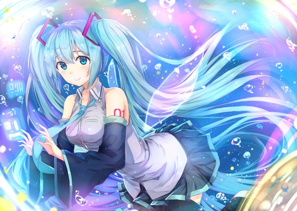 Anime picture 3507x2500 with vocaloid hatsune miku echj single looking at viewer blush highres blue eyes twintails absurdres very long hair aqua hair tattoo underwater girl skirt detached sleeves miniskirt wings boots