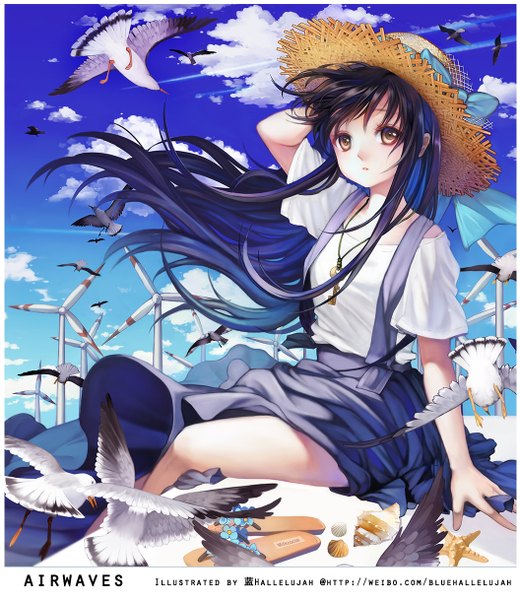 Anime picture 1056x1217 with original blue hallelujah single long hair tall image fringe open mouth black hair sitting brown eyes signed blue hair looking away sky cloud (clouds) bent knee (knees) multicolored hair wind bare legs :o