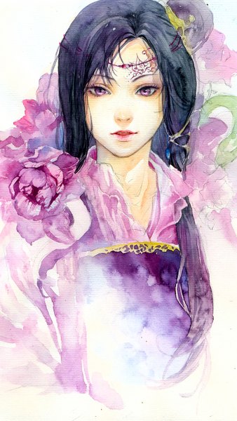 Anime picture 777x1377 with original sinvia single long hair tall image looking at viewer open mouth black hair simple background white background purple eyes face paint traditional media watercolor (medium) girl hair ornament flower (flowers)