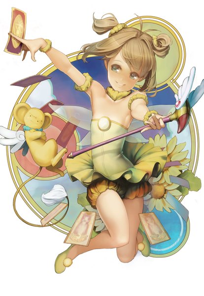 Anime picture 1358x1968 with card captor sakura clamp kinomoto sakura kero ataruman single long hair tall image blonde hair simple background smile bare shoulders green eyes two side up girl animal wings card (cards) scepter fuuin no tsue