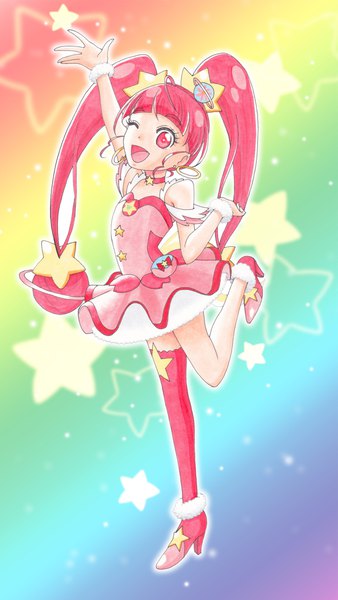 Anime picture 1207x2139 with precure star twinkle precure toei animation hoshina hikaru cure star saigaaroe single long hair tall image looking at viewer fringe open mouth simple background smile red eyes standing twintails full body ahoge red hair