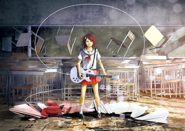 Anime picture 1404x993 with original loundraw single fringe short hair standing holding red hair classroom girl skirt uniform school uniform shirt socks shoes white socks chair table