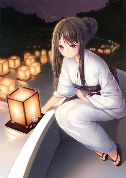 Anime picture 2494x3500 with original cocoa (cafe-hotcocoa) single long hair tall image highres brown hair brown eyes payot looking away full body traditional clothes japanese clothes light smile scan night hair bun (hair buns) girl flower (flowers) kimono