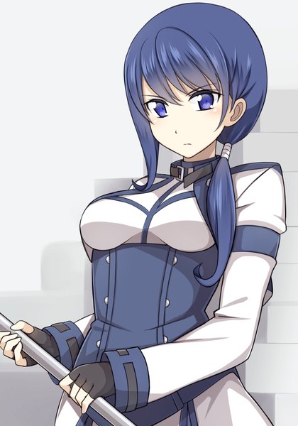 Anime picture 700x1000 with hai to gensou no grimgar a-1 pictures merry (grimgar) p book single long hair tall image looking at viewer fringe breasts blue eyes simple background large breasts standing white background holding blue hair long sleeves grey background side ponytail