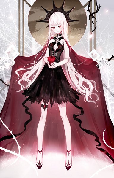 Anime picture 1300x2035 with original juexing (moemoe3345) single long hair tall image looking at viewer blush fringe breasts red eyes standing holding payot full body white hair blunt bangs head tilt bare legs sleeveless wavy hair