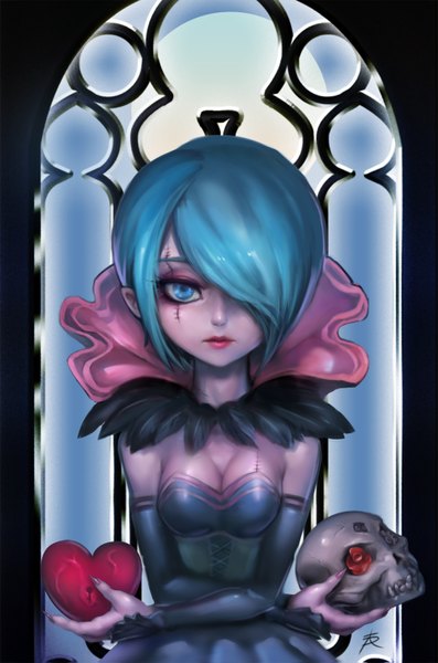 Anime picture 1000x1511 with league of legends orianna (league of legends) phantom (ptcrow) single tall image looking at viewer fringe short hair blue eyes blue hair hair over one eye gothic girl dress heart skull