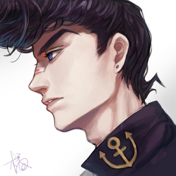 Anime picture 800x800 with jojo no kimyou na bouken higashikata jousuke fan ju single long hair black hair simple background purple eyes signed parted lips profile grey background eyebrows bandaid on nose pompadour boy uniform school uniform blood bandaid