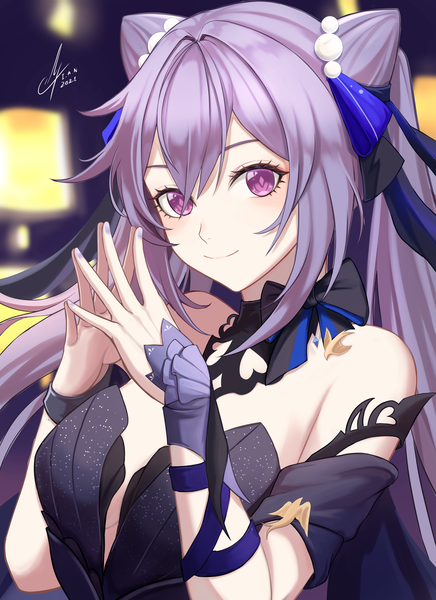 Anime picture 4000x5500 with genshin impact keqing (genshin impact) keqing (opulent splendor) (genshin impact) i a n single long hair tall image looking at viewer blush fringe highres breasts light erotic smile hair between eyes large breasts purple eyes twintails bare shoulders payot