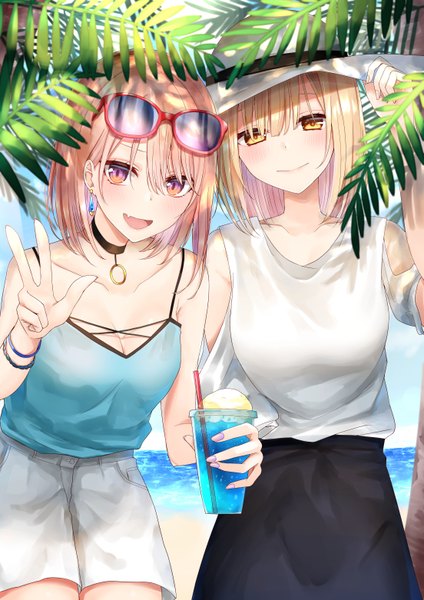 Anime picture 1103x1561 with original piripun long hair tall image blush fringe short hair breasts open mouth blonde hair smile hair between eyes bare shoulders multiple girls holding yellow eyes sky cleavage cloud (clouds) outdoors