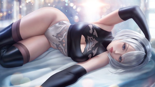Anime picture 7100x4000 with nier nier:automata yorha no. 2 type b wickellia single looking at viewer blush fringe highres short hair breasts blue eyes light erotic wide image large breasts absurdres cleavage silver hair lying parted lips