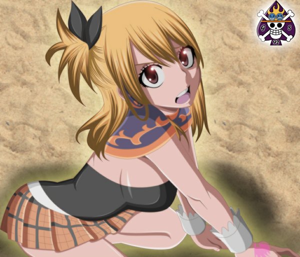 Anime picture 1024x880 with fairy tail lucy heartfilia seireiart single long hair open mouth light erotic brown hair brown eyes pleated skirt tattoo one side up coloring girl bow hair bow miniskirt