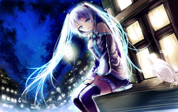 Anime picture 1480x934 with vocaloid hatsune miku aaru single looking at viewer open mouth blue eyes sitting twintails bare shoulders blue hair very long hair night city girl skirt detached sleeves animal necktie headphones