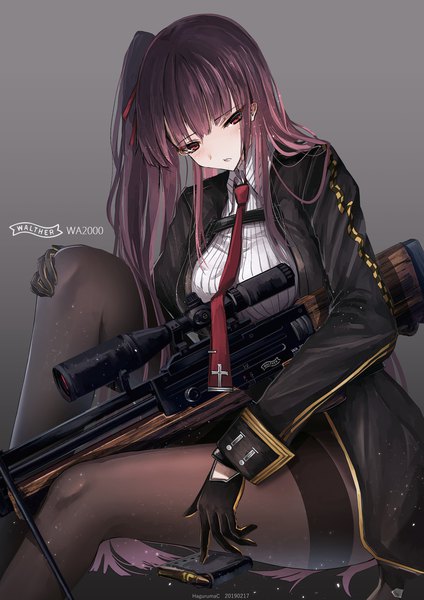 Anime picture 1523x2157 with girls frontline wa2000 (girls frontline) haguruma (hagurumali) single long hair tall image looking at viewer blush fringe light erotic red eyes sitting signed purple hair blunt bangs long sleeves parted lips grey background character names one side up