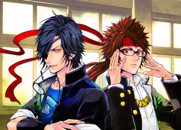 Anime picture 1200x864 with sengoku basara production i.g date masamune sanada yukimura aratako long hair short hair smile brown hair brown eyes yellow eyes blue hair ponytail multiple boys mouth hold adjusting glasses boy uniform school uniform glasses