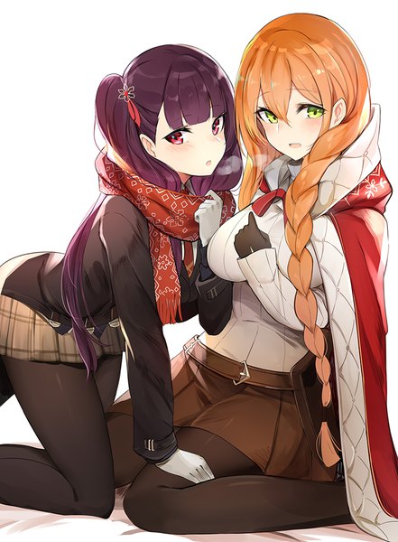 Anime picture 800x1087 with girls frontline wa2000 (girls frontline) m1903 springfield (girls frontline) luse maonang long hair tall image looking at viewer blush fringe breasts open mouth simple background hair between eyes red eyes white background sitting multiple girls green eyes purple hair blunt bangs