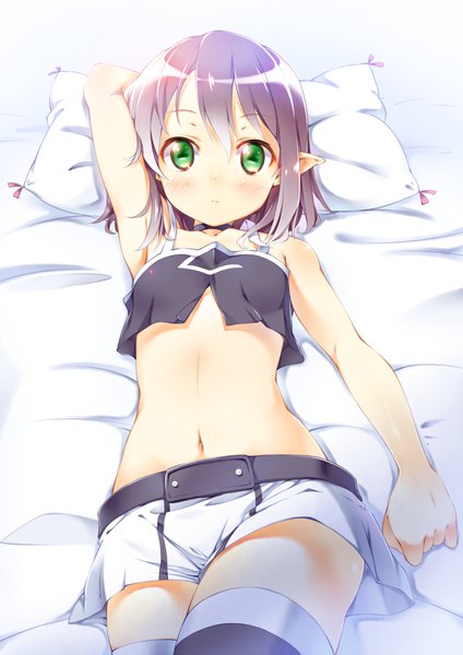 Anime picture 744x1052 with yumekui merry merry nightmare ichi makoto single tall image looking at viewer blush fringe short hair breasts light erotic hair between eyes green eyes purple hair lying from above pointy ears armpit (armpits) midriff zettai ryouiki