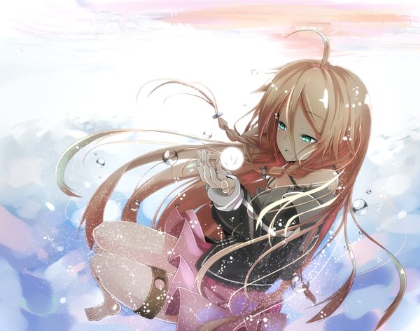 Anime picture 1419x1117 with vocaloid ia (vocaloid) kagamine09 single long hair blush open mouth blonde hair bare shoulders looking away cloud (clouds) ahoge bent knee (knees) braid (braids) pleated skirt barefoot aqua eyes bare legs no shoes twin braids