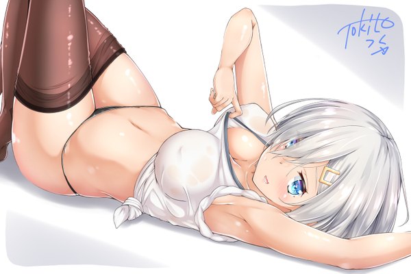 Anime picture 3000x2000 with kantai collection hamakaze destroyer tokito yu single looking at viewer blush fringe highres short hair breasts open mouth blue eyes light erotic simple background large breasts signed silver hair bent knee (knees) lying hair over one eye