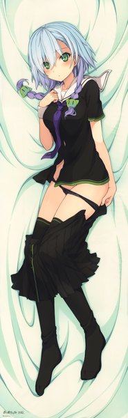 Anime picture 2324x7512 with ao no kanata no four rhythm sprite (company) inui saki akinashi yuu single tall image looking at viewer blush fringe highres light erotic hair between eyes green eyes blue hair game cg purple hair full body lying braid (braids) scan