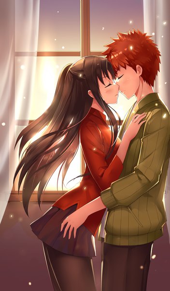 Anime picture 1240x2108 with fate (series) fate/stay night studio deen toosaka rin emiya shirou yuki (clydtc) long hair tall image blush short hair breasts brown hair standing ass red hair indoors eyes closed profile pleated skirt sunlight